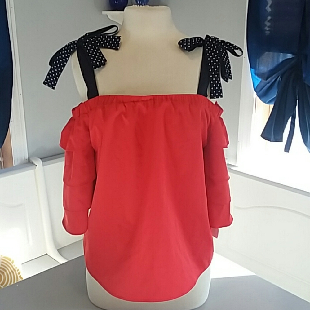 Lucy Paris tie cold shoulder polka dot  blouse